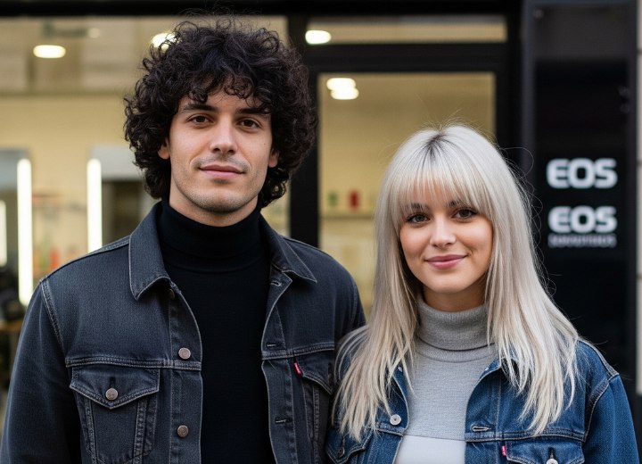 Un homme aux cheveux bouclés jusqu’au col, et une femme aux cheveux longs blond platine