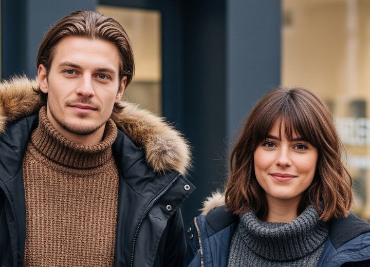 Un homme aux cheveux coiffés en arrière avec du gel, et une femme avec un carré ondulé au-dessus des épaules