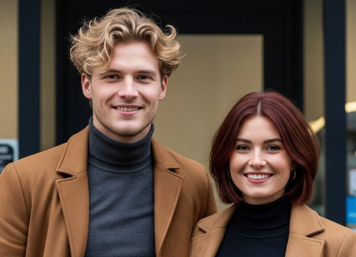 Un homme aux cheveux courts, ondulés et blonds, et une femme avec un carré à hauteur du cou