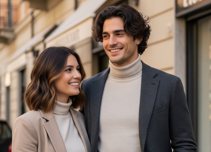 Un homme aux cheveux ondulés avec dégradé, et une femme avec un long carré brun