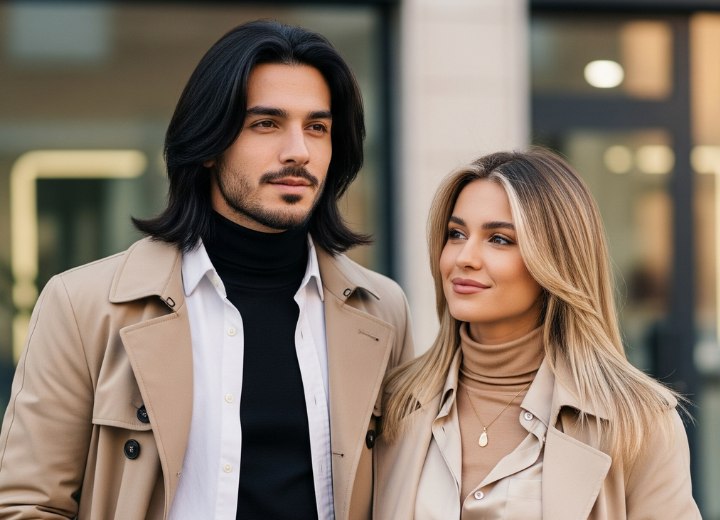 Un homme avec une coiffure longue et lisse, et une femme aux longs cheveux blonds romantiques