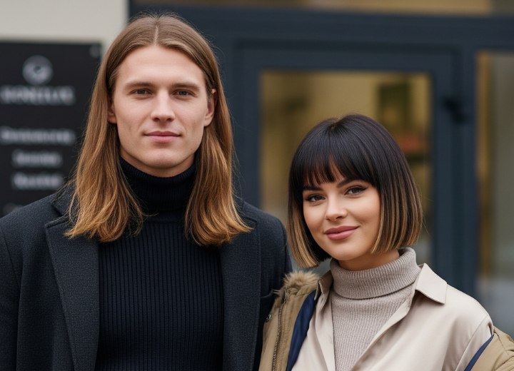 Un homme aux cheveux longs, et une femme avec un carré légèrement plus long sur le devant