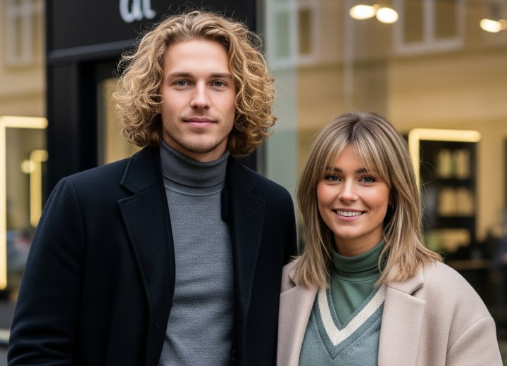 Un homme aux longues boucles blondes, et une femme aux cheveux mi-longs avec frange
