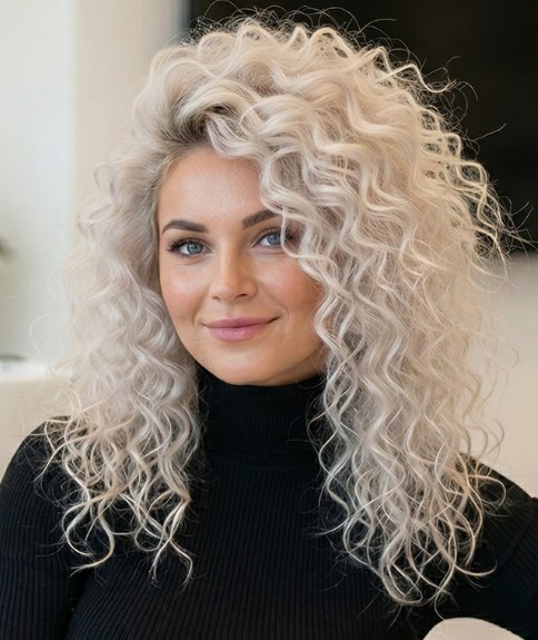 Coiffure longue avec des boucles spiral&eacute;es blond platine