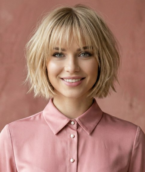 Femme avec un carr&eacute; d&eacute;grad&eacute; blond, apr&egrave;s sa transformation capillaire