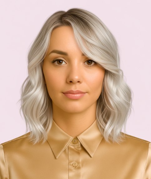 Coiffure mi-longue blonde avec des ondulations