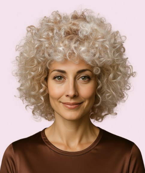 Cheveux blonds bouclés encadrant le visage