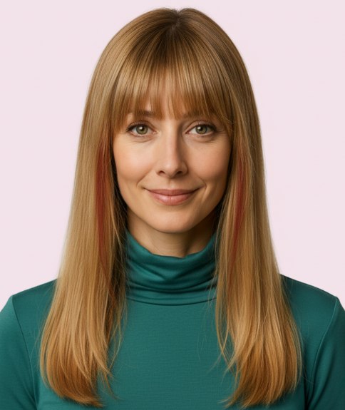 Cheveux longs avec d&eacute;grad&eacute; et frange effil&eacute;e