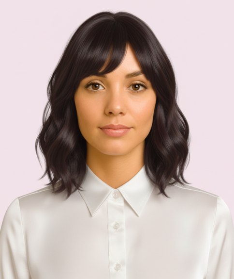 Coiffure mi-longue avec frange balay&eacute;e sur le c&ocirc;t&eacute;