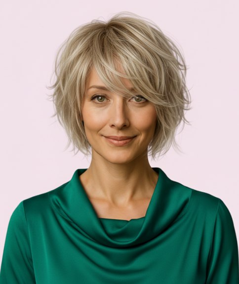 Shag blond moderne avec frange balay&eacute;e sur le c&ocirc;t&eacute;