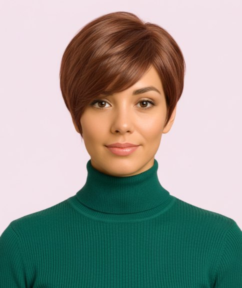 Coupe pixie d&eacute;contract&eacute;e avec frange balay&eacute;e sur le c&ocirc;t&eacute;