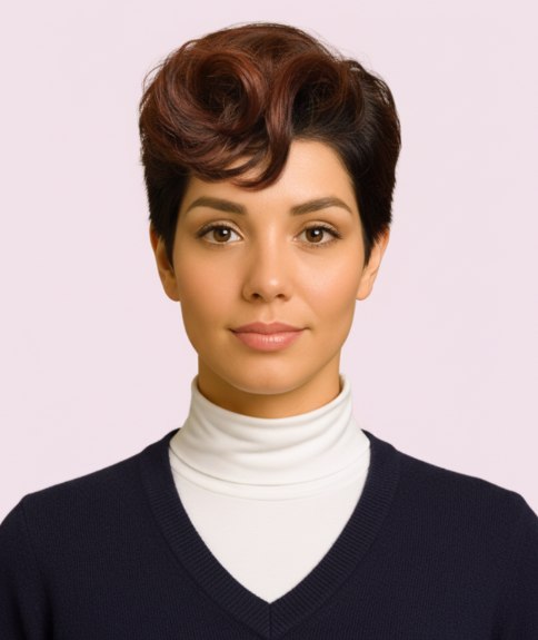 Pixie avec volume et m&egrave;ches plus longues sur le dessus