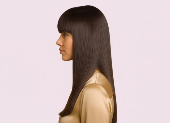Vue de côté – Cheveux longs et soyeux avec une frange
