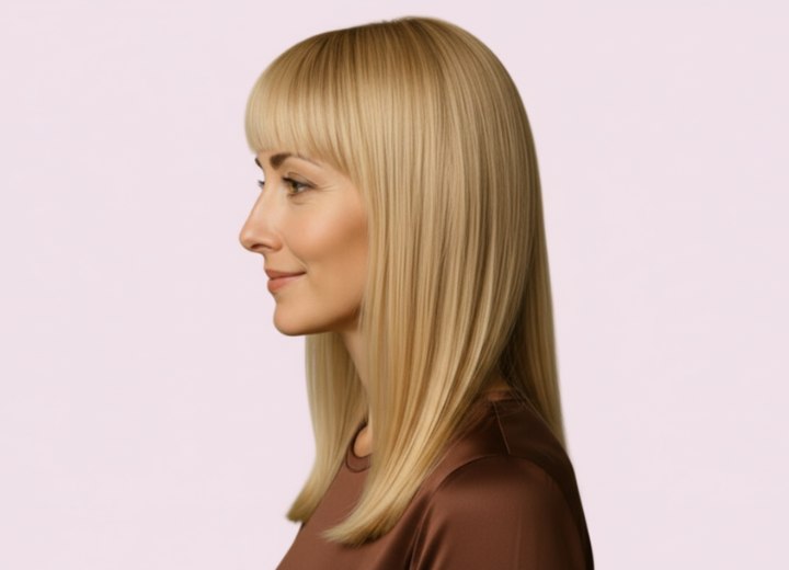 Cheveux longs et raides avec frange droite – Vue de côté