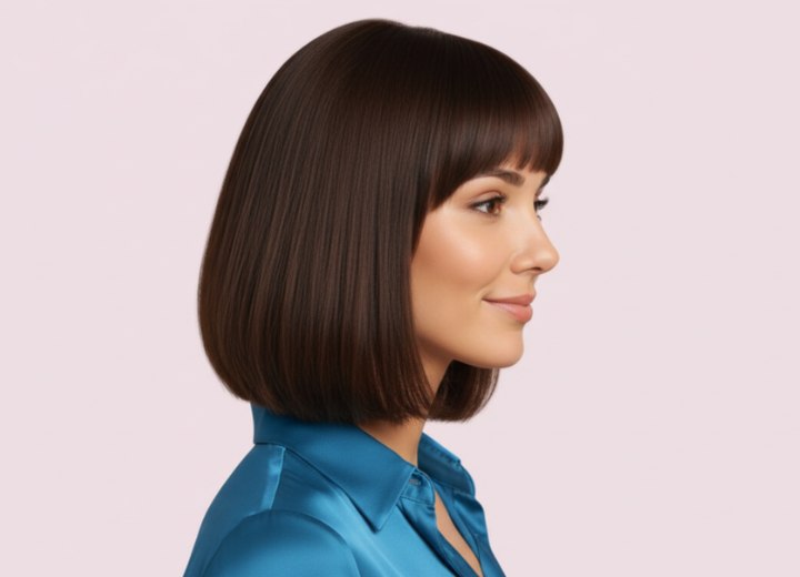 Coiffure longueur col avec frange &ndash; Vue de c&ocirc;t&eacute;