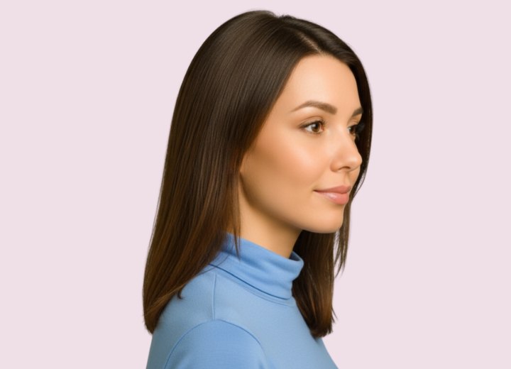 Cheveux longs avec courbe vers l&rsquo;int&eacute;rieur aux pointes &ndash; Vue de c&ocirc;t&eacute;