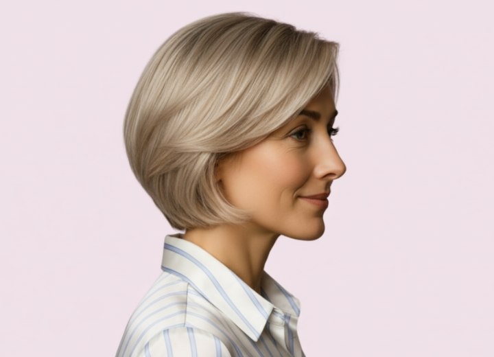 Coiffure courte avec raie prononc&eacute;e sur le c&ocirc;t&eacute;