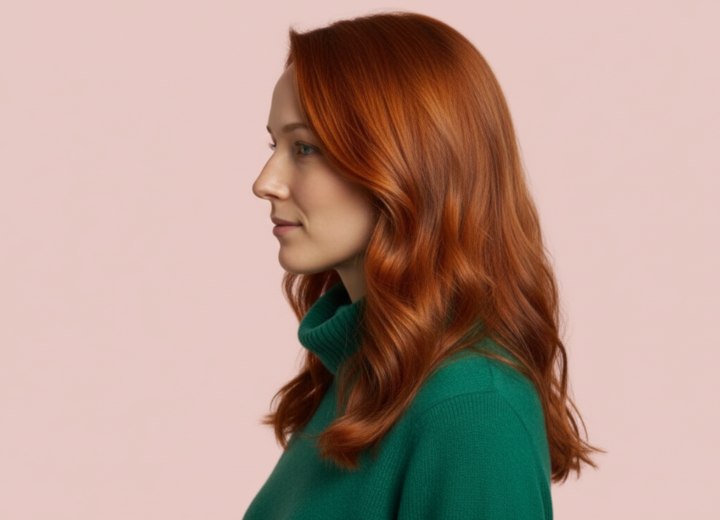 Cheveux roux longs aux belles vagues &ndash; Vue de c&ocirc;t&eacute;