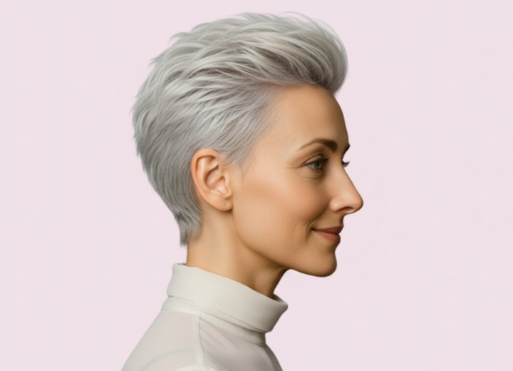 Cheveux courts féminins pour femmes matures – Vue de côté