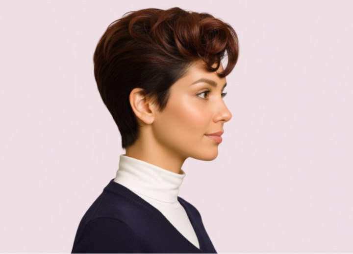 Coiffure volumineuse avec c&ocirc;t&eacute;s tr&egrave;s courts &ndash; Vue de c&ocirc;t&eacute;