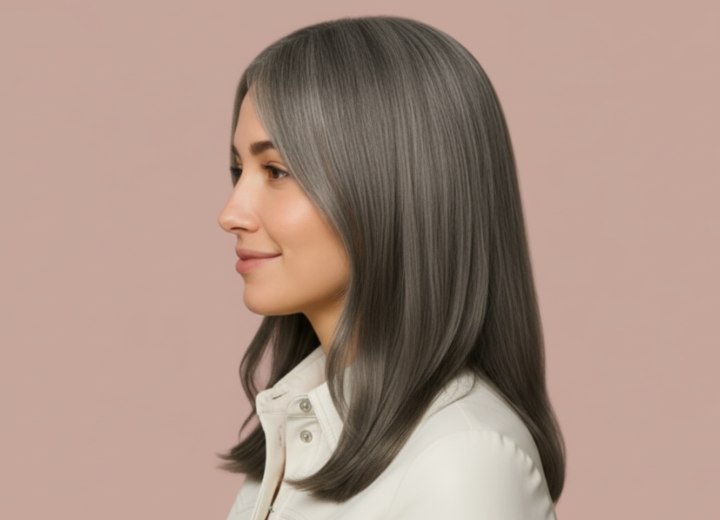 Coiffure longue pour femme aux cheveux grisonnants – Vue de côté