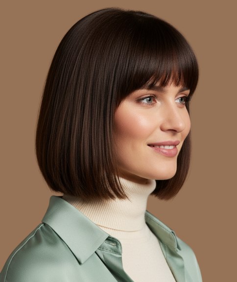 Carr&eacute; avec frange au niveau des sourcils &ndash; Vue de profil