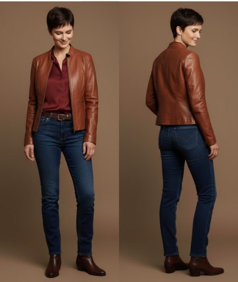 Chemisier en soie associ&eacute; &agrave; un jean et une veste en cuir