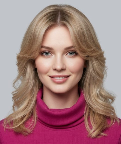 Cheveux longs blonds d&eacute;grad&eacute;s avec frange rideau