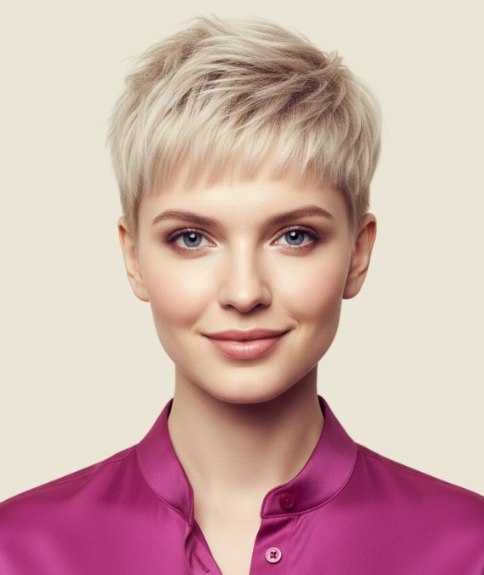 Coiffure tr&egrave;s courte &agrave; la forme flatteuse et f&eacute;minine