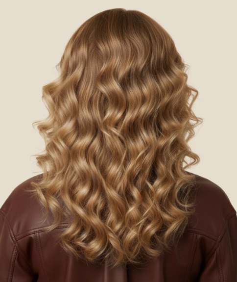 Cheveux longs blonds avec m&egrave;ches champagne et dor&eacute;es &ndash; Vue de dos