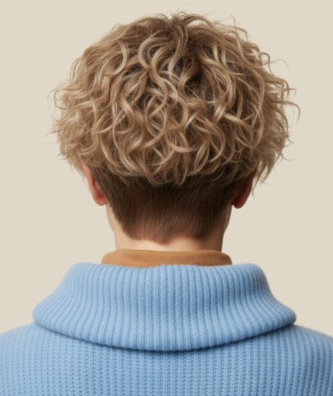 Coiffure boucl&eacute;e avec nuque tr&egrave;s courte &ndash; Vue de dos