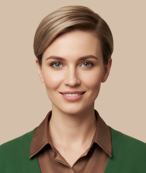 Coiffure courte avec frange sur le c&ocirc;t&eacute;, simple et &eacute;pur&eacute;e