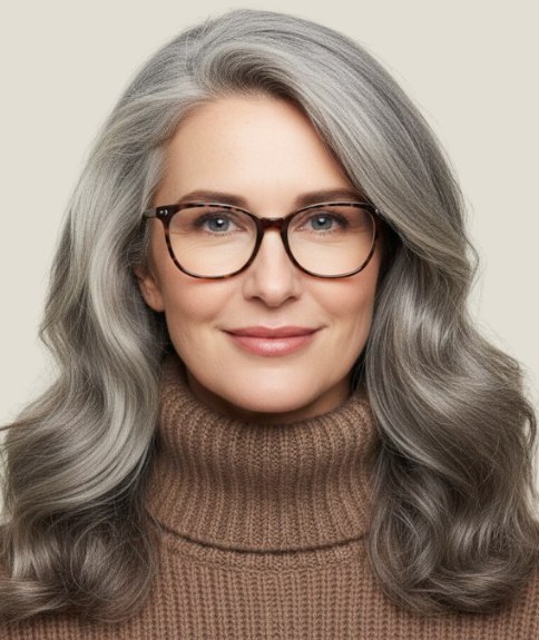 Femme m&ucirc;re aux longs cheveux gris argent, port&eacute;e avec des lunettes