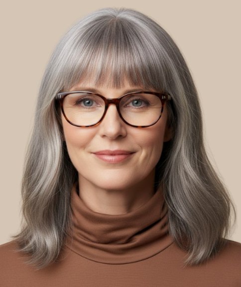 Cheveux gris longs aux ondulations douces, port&eacute;s avec des lunettes