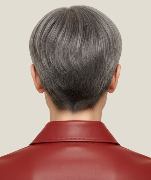 Coiffure tr&egrave;s courte pour cheveux gris &ndash; Vue de dos