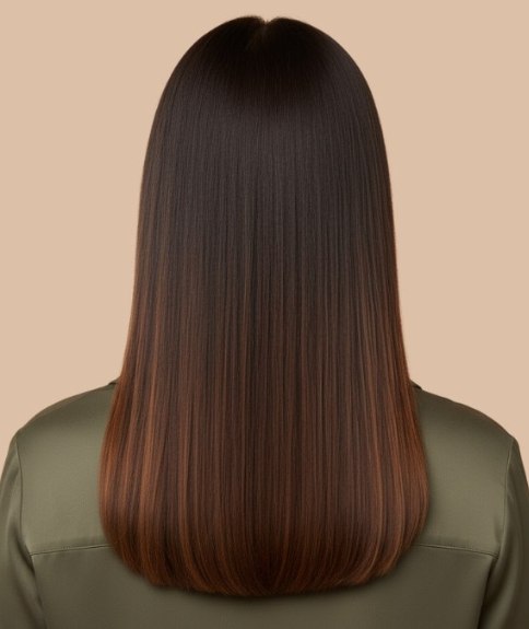 Cheveux longs avec balayage du brun au caramel &ndash; Vue de dos
