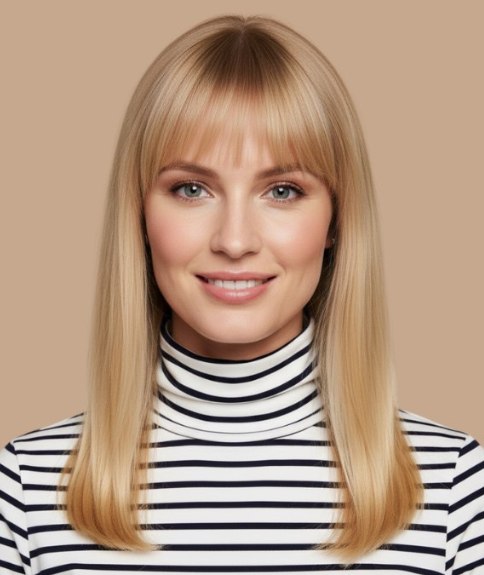 Coiffure longue au-del&agrave; des &eacute;paules avec frange au niveau des sourcils