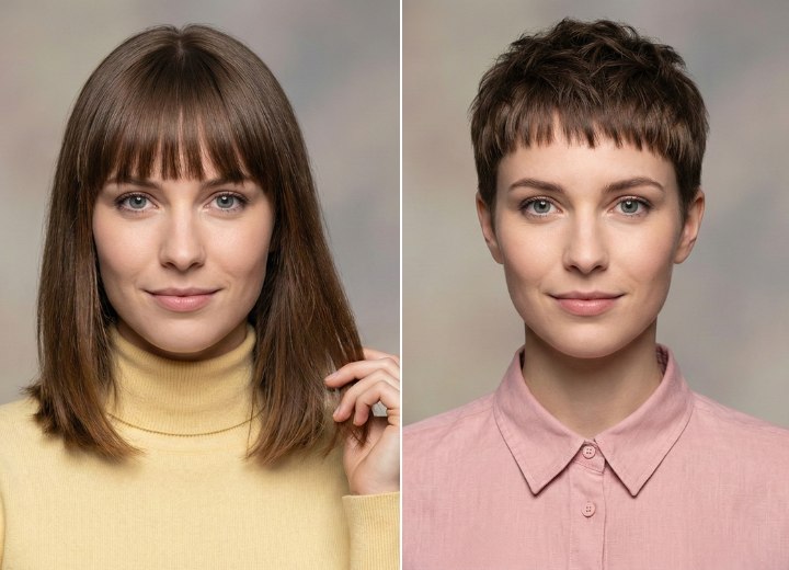 Woman, before and after a long to short hair makeover