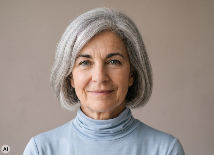 Bob haircut for an older woman with gray hair