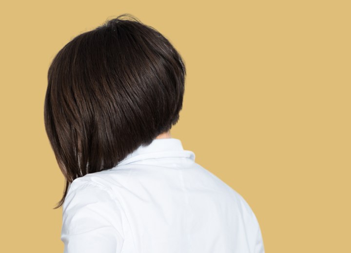 Dark brown hair cut into an angled bob