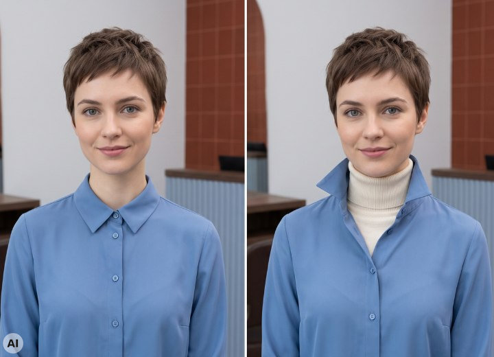 Turtleneck and popped-up shirt collar, paired with short hair
