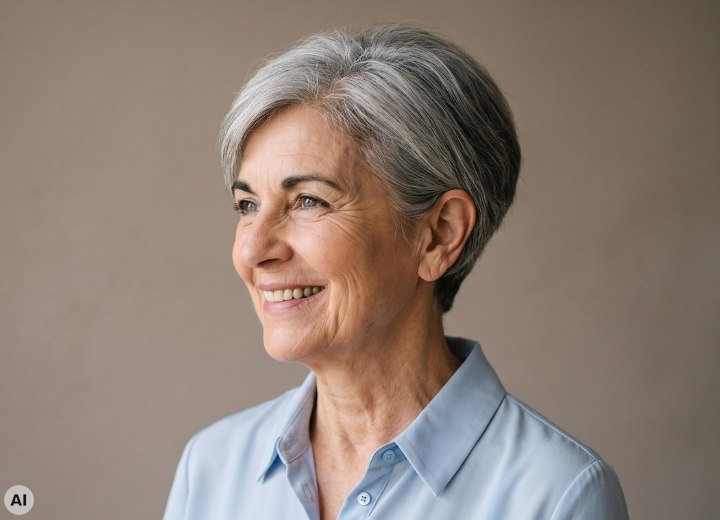 Short haircut for an older woman with gray hair