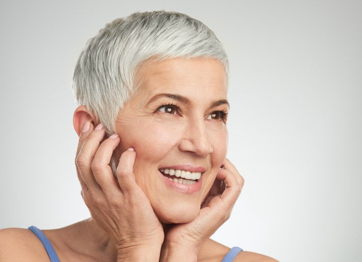 Woman with short gray hair