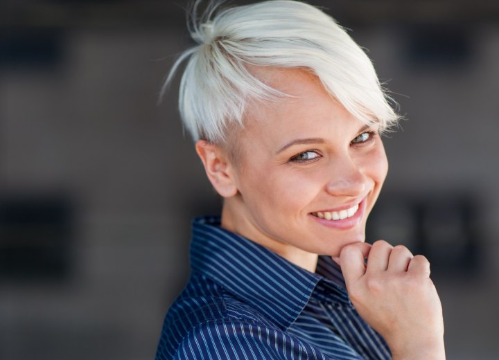 Woman with short silver hair