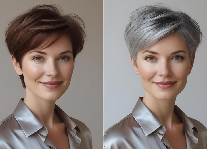 Woman with short hair, before and after going gray