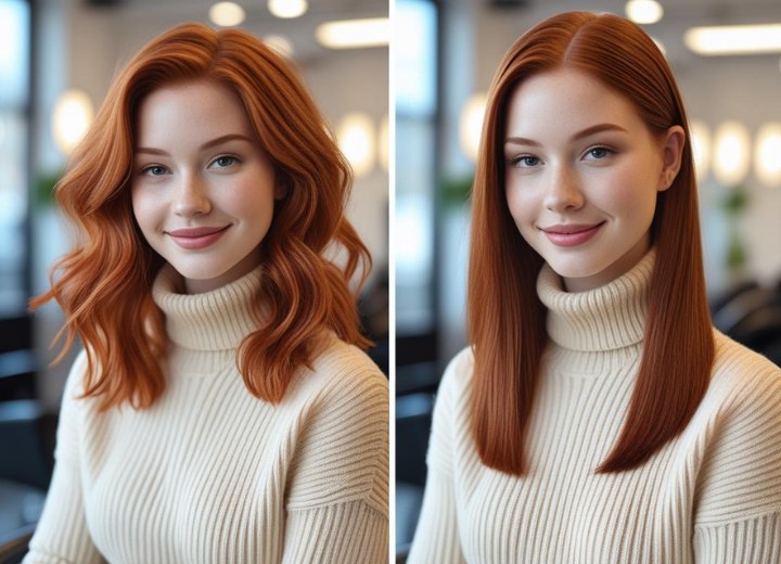 Straightened long red hair hair, before and after the straightening treatment