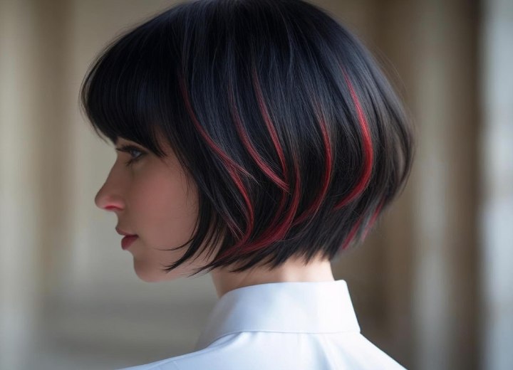 Black hair with red streaks, cut into a short graduated bob