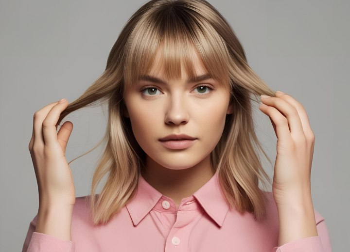Blonde girl, checking her hair for damage