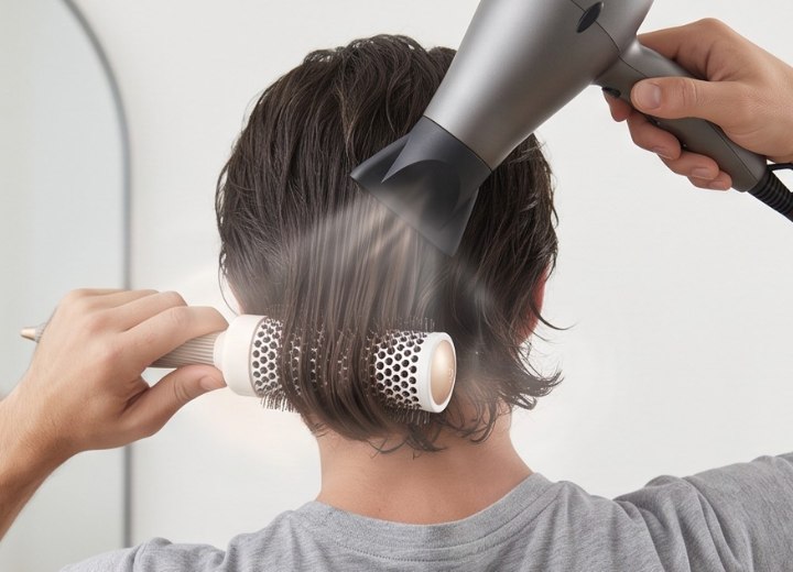 Styling hair with a blow dryer and a round brush