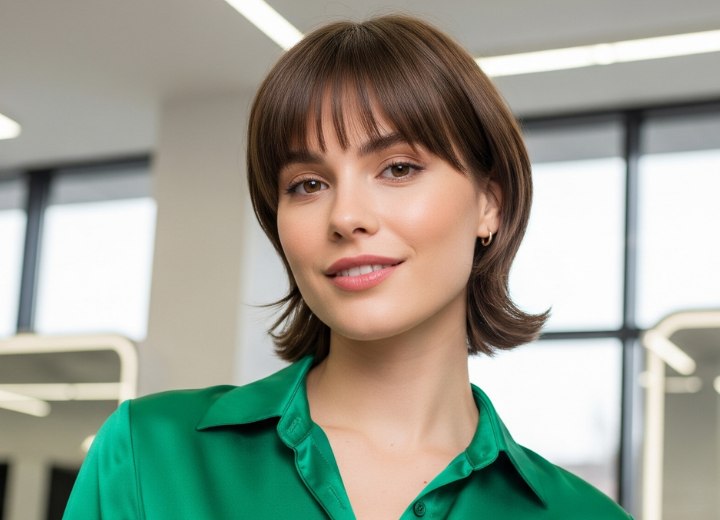Girl with her hair in a short bob and wearing a satin shirt